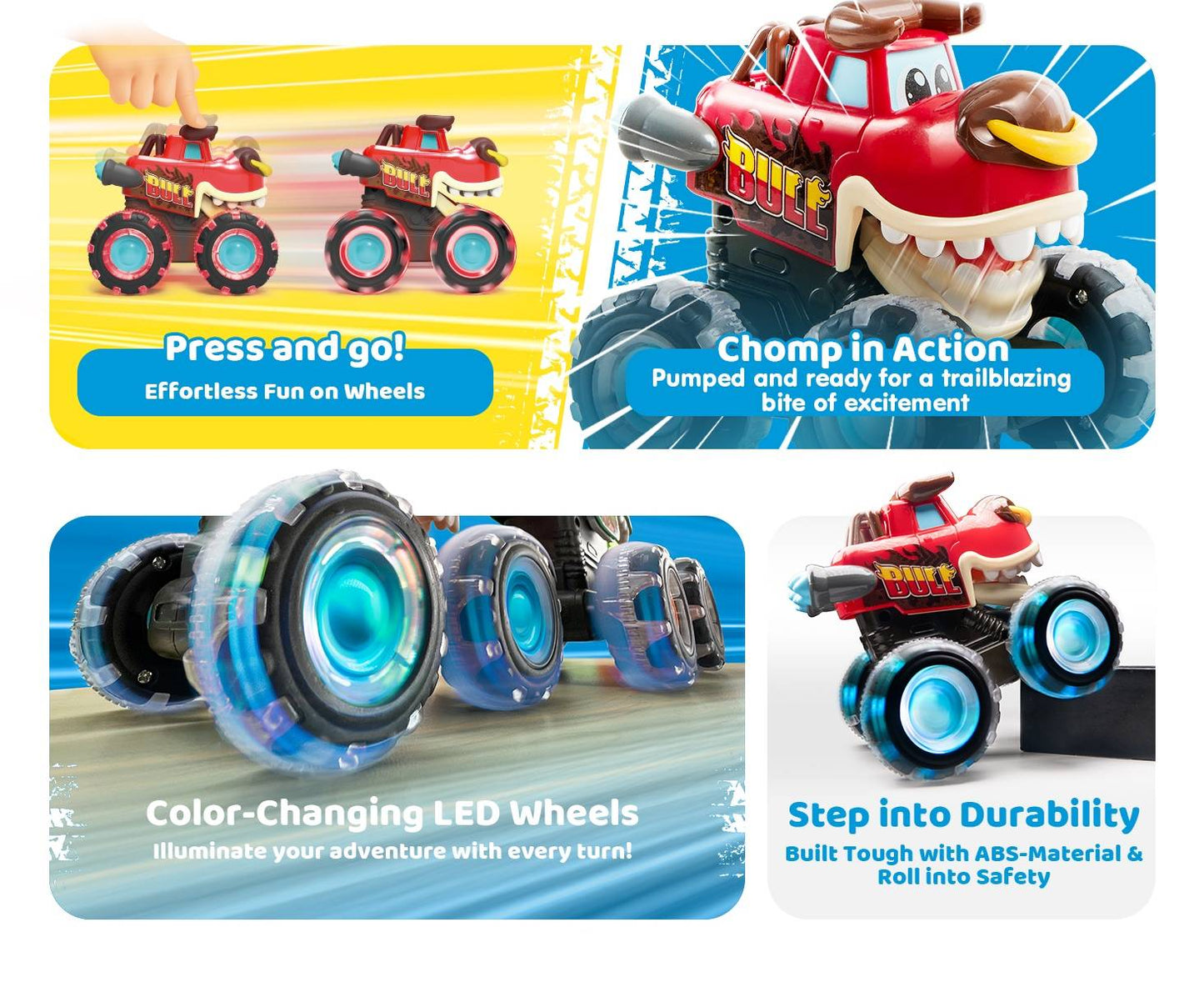 3-Pack Light Up Monster Trucks - Motion-Activated Toy Cars for Toddlers