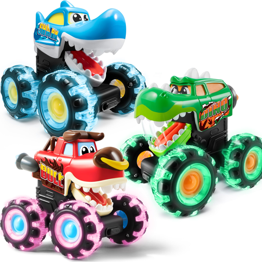 3-Pack Light Up Monster Trucks - Motion-Activated Toy Cars for Toddlers