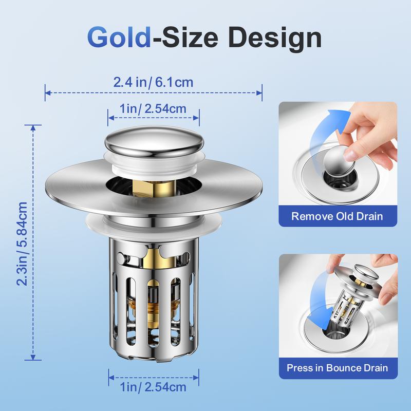 Universal 2-in-1 Bathroom SinkStopper, Pop-up with Anti-Clog RemovableStainless Steel Filter Basket Drain Hair Stopper,Anti-Odor Stopper