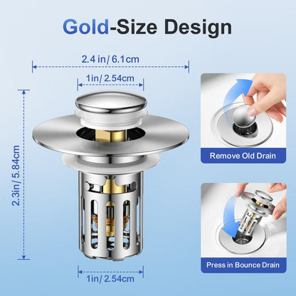 Universal 2-in-1 Bathroom SinkStopper, Pop-up with Anti-Clog RemovableStainless Steel Filter Basket Drain Hair Stopper,Anti-Odor Stopper