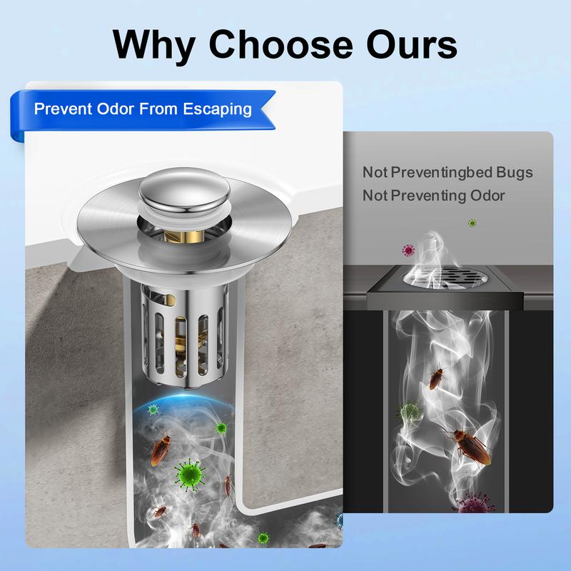 Universal 2-in-1 Bathroom SinkStopper, Pop-up with Anti-Clog RemovableStainless Steel Filter Basket Drain Hair Stopper,Anti-Odor Stopper